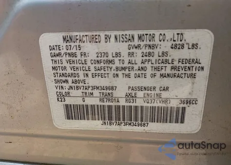 2015 Infiniti Q50 Premium from USA, damaged, VIN JN1BV7AP3FM349687
